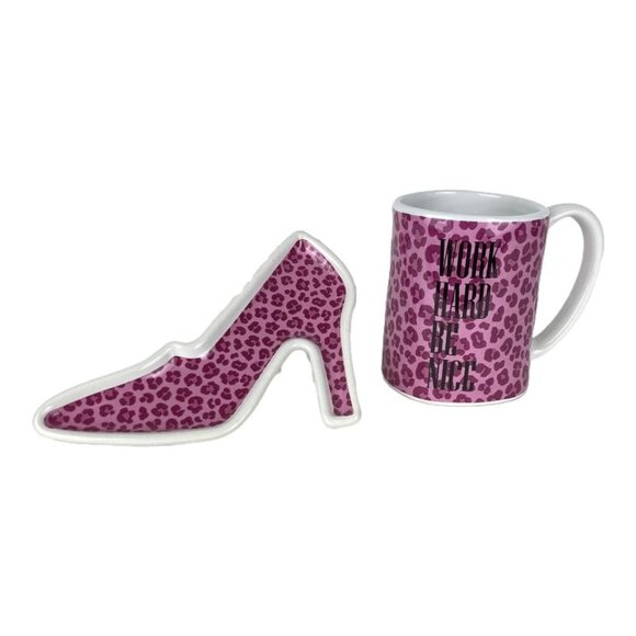 Pink Leopard "Work Hard Be Nice" Coffee Cup Shoe-Shaped Spoon Rest Set - Picture 1 of 6